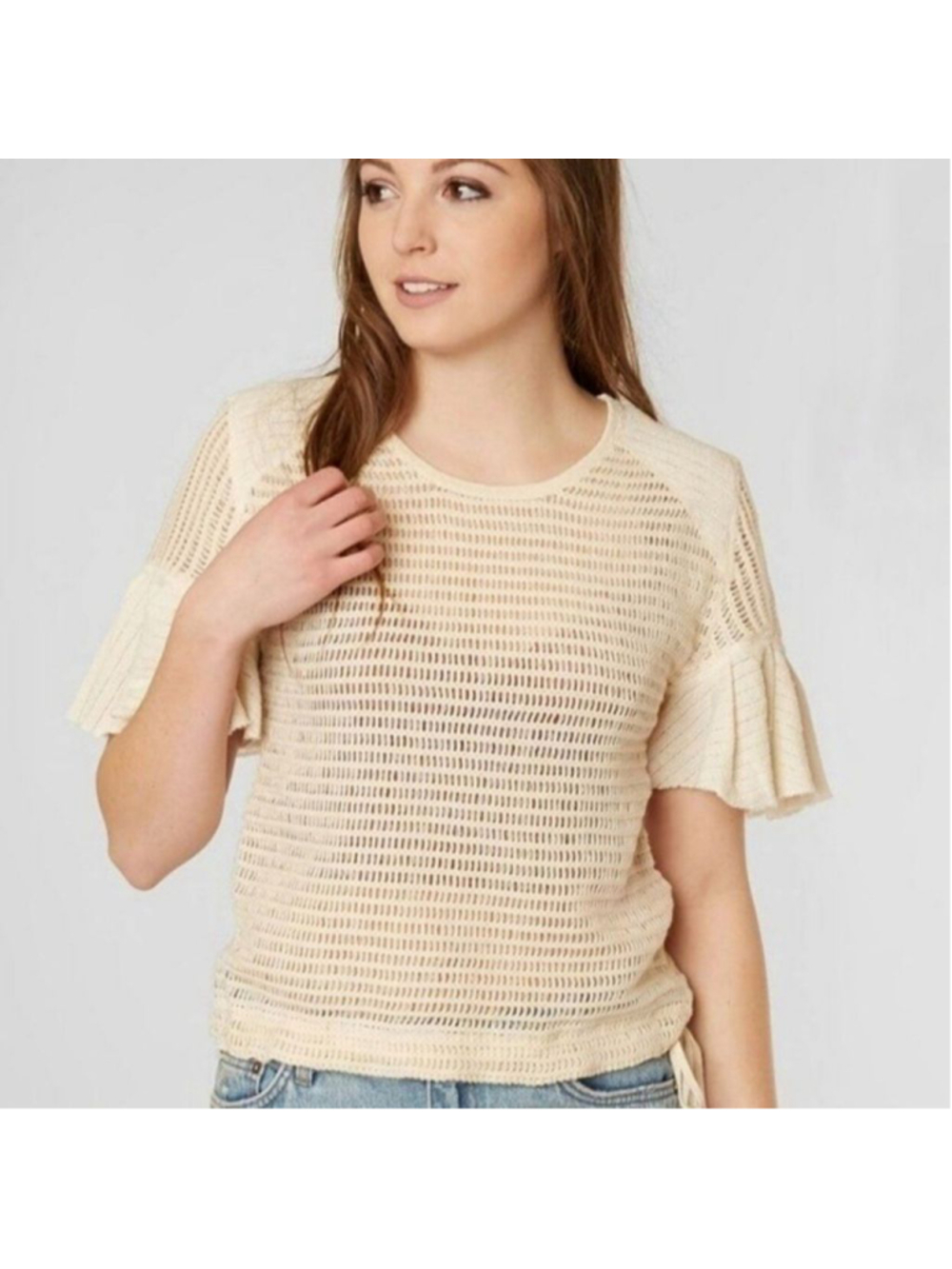 Free People Babes Only Open Weave Knit Ruffle Tee Top Shirt - XS - Picture 4 of 15